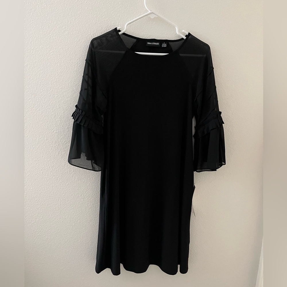 Nina Leonard Miracle Matte Jersey Black 3/4 Sheer Bell Sleeve Dress Small